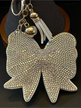 PREMIUM Puffy Off-White Crystal Bow Bag Charm Keychain w/Gold Accents